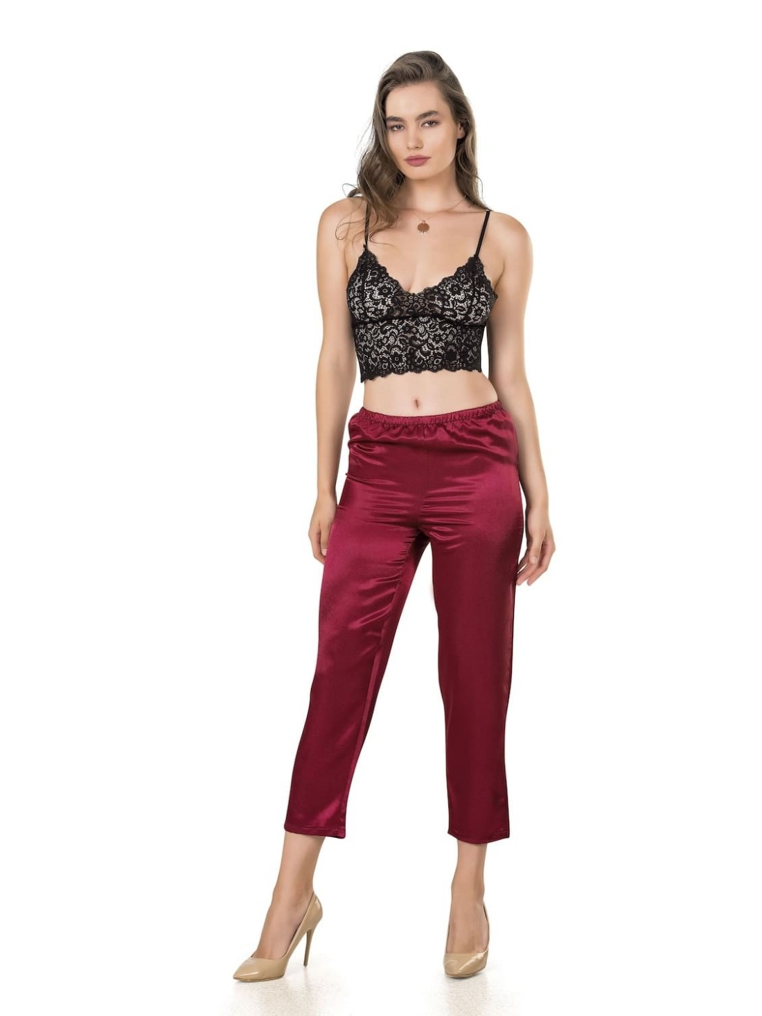 Two-piece pajamas with a lace top, black and burgundy PIZ310 - Online store - Boutique